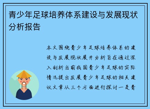 青少年足球培养体系建设与发展现状分析报告