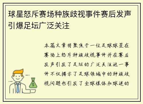 球星怒斥赛场种族歧视事件赛后发声引爆足坛广泛关注