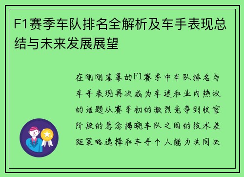 F1赛季车队排名全解析及车手表现总结与未来发展展望